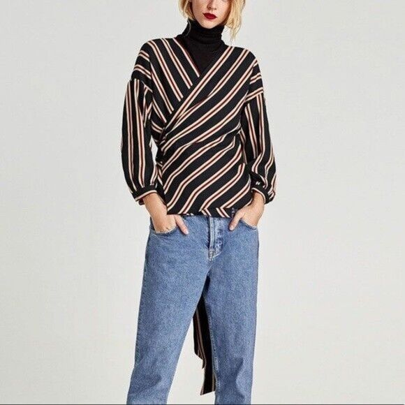 Zara Basic Collection Womens Blouse Wrap Size XS Red Blue Cream Tie Front - Picture 3 of 8